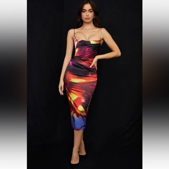 HOUSE OF CB Authentic 'Mitzi' Printed Satin Corset Midi Dress Size Small - Picture 1 of 12